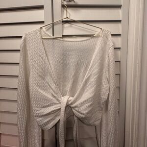 White Textured Tie-Front Top